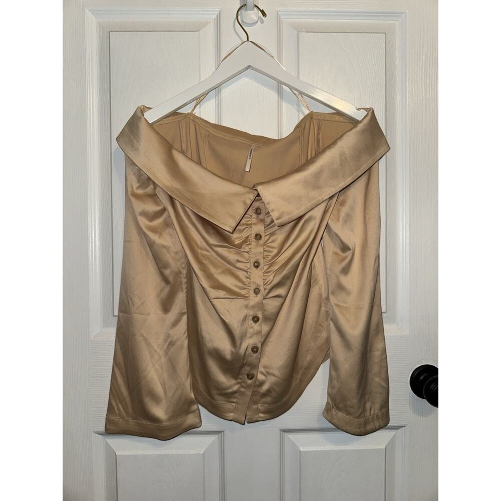 ANTHROPOLOGIE Off The Shoulder Collared Silky Button Down Shirt Size M Beige